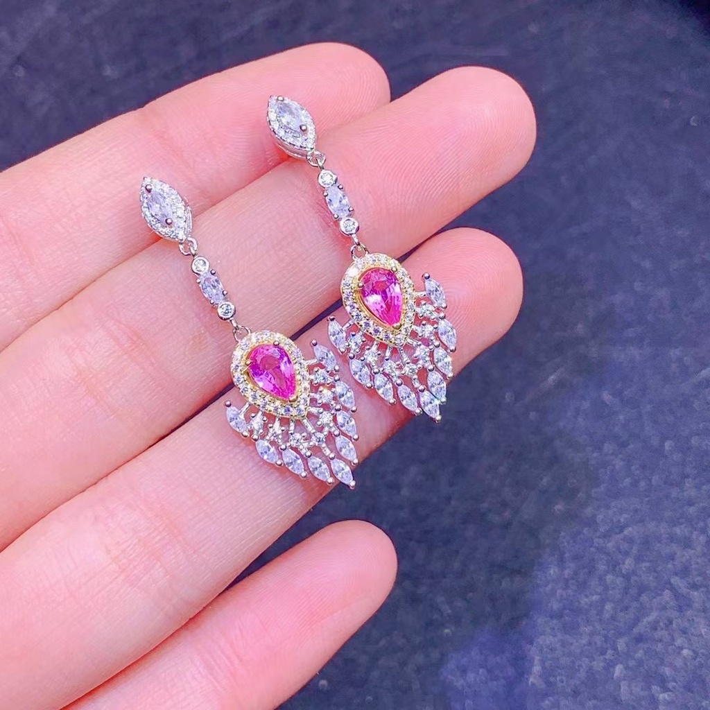 Goldkingdom Fashion Perhiasan Aksesoris Ready Stock Kesejahteraan Hidup Imitasi Alami Papara Hanya Pink Safir Anting Feminin Drop Earrings.