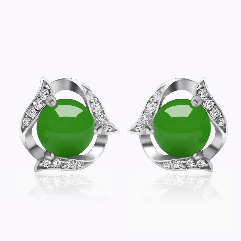 Goldkingdom Fashion Perhiasan Aksesoris Ready Stock Hotan Jade Earrings Wanita Perak Berlapis Bertatahkan Giok Anting Anting Giok Hijau Kalsedon Anting