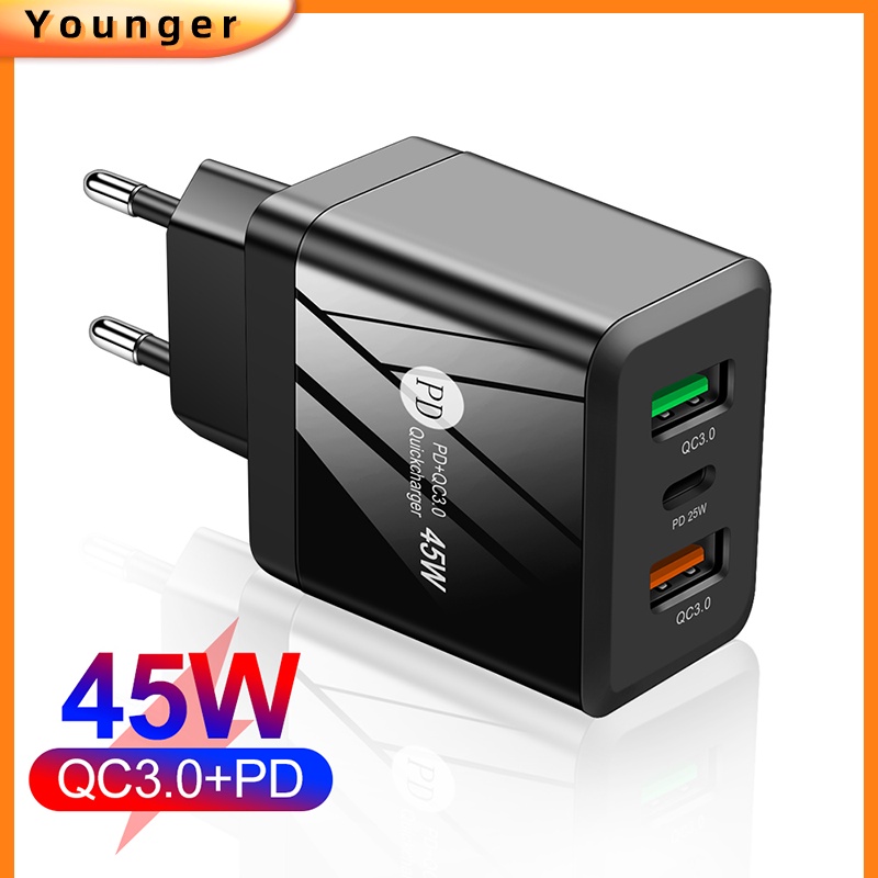 Port Apa Saja Pengisian Cepat 45w Luminous Pd27w+Dual-USB Fast Charging Charger Adaptor Charger Travel Antarmuka USB Multi