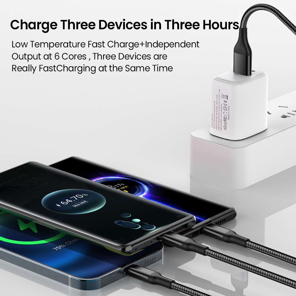 Kabel Tenun Jaring Ikan 3in1 120W Fast Charging Cable Micro Usb Type CCharger Cable 6A Kabel Data Fast Charging 1.2M/2M