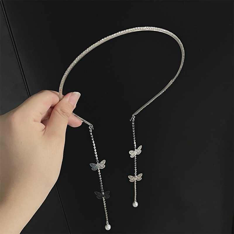 1 Pcs Elegan Retro Shiny Hairhoop Mutiara Kupu-Kupu Rumbai Berlian Imitasi Ikat Kepala Logam Perak/Emas Wanita Aksesoris Rambut