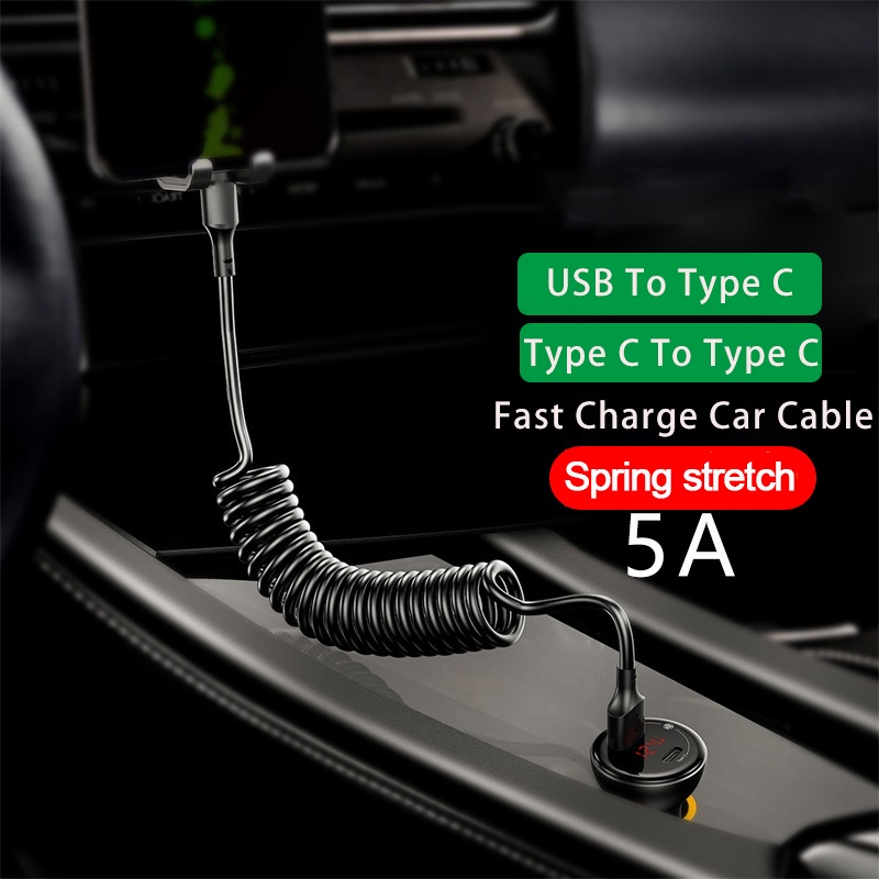 3in1 66W 5A Kabel Pengisian Cepat 3A Tipe C USB Micro Spring Charging line 1.8M Spring Retractable USB Car Charging Cables