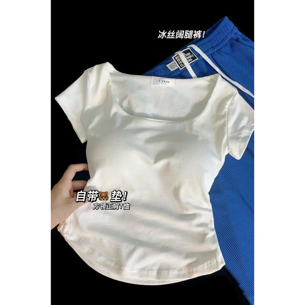 Red [A to D Scheming T-shirt] Lengan Pendek T-shirt Wanita Sense Big U Top Slim Fit Pure Desir Kerah Persegi pendek Kecil Kemeja Musim Panas