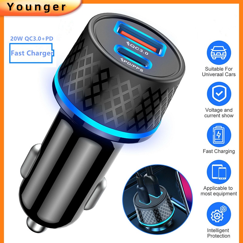 Dual Ports PD 20W Double Quick Car Charger Lampu Ring QC3.0 USB+Adaptor Mobil Port Tipe-C Untuk i-Phone Android Type C Travel Adoptor Charger