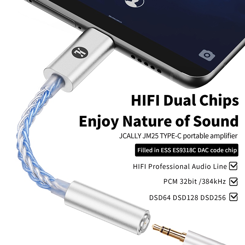 Jcally ES9318C Tipe-C Ke 3.5mm 8core USB C DAC Digital Audio Portable Decoding Amp Hifi DAC Adaptor Handphone JM25