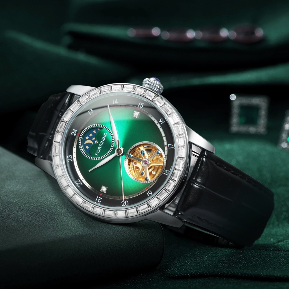 Forsining Mewah Tourbillon Skeleton Automatic Jam Tangan Pria Jade Green Moon Phase Panggil Asli Lea