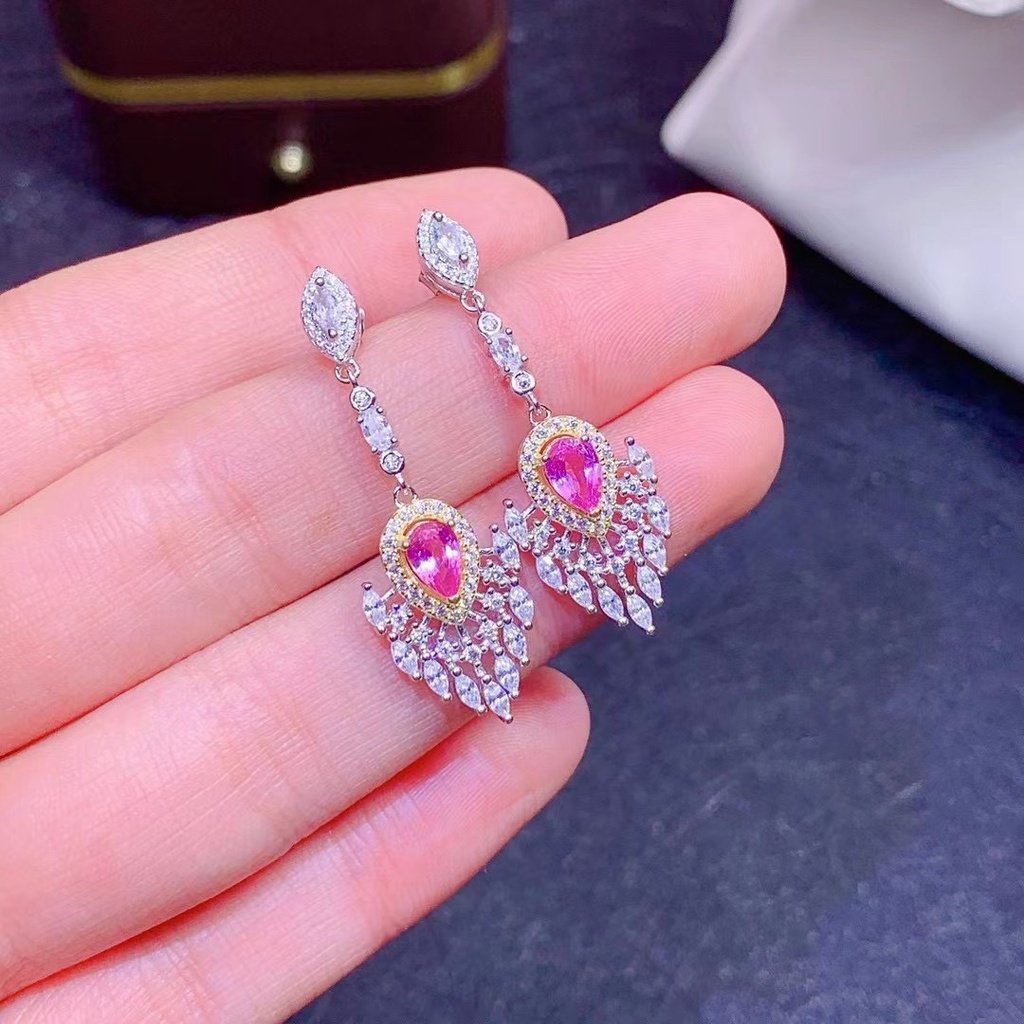 Goldkingdom Fashion Perhiasan Aksesoris Ready Stock Kesejahteraan Hidup Imitasi Alami Papara Hanya Pink Safir Anting Feminin Drop Earrings.