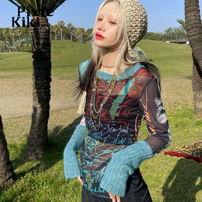 T Shirt Gambar PixieKiki Y2k Pakaian Atasan Grunge Lengan Panjang Perca Rajut Jaket Wanita 90-sebuah