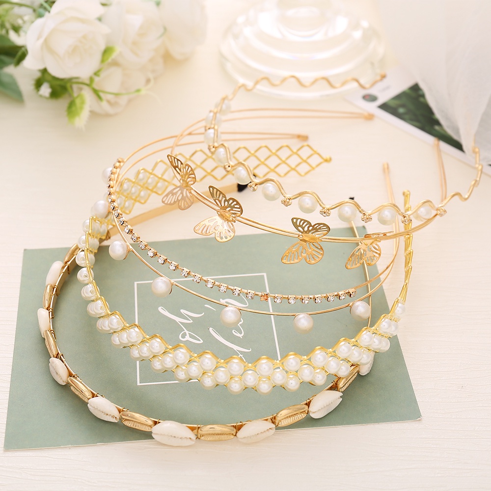 Bando Mutiara Putih Elegan Untuk Wanita Fashion Emas Bunga Kupu-Kupu Hairband Aksesoris Rambut Pengantin Wanita