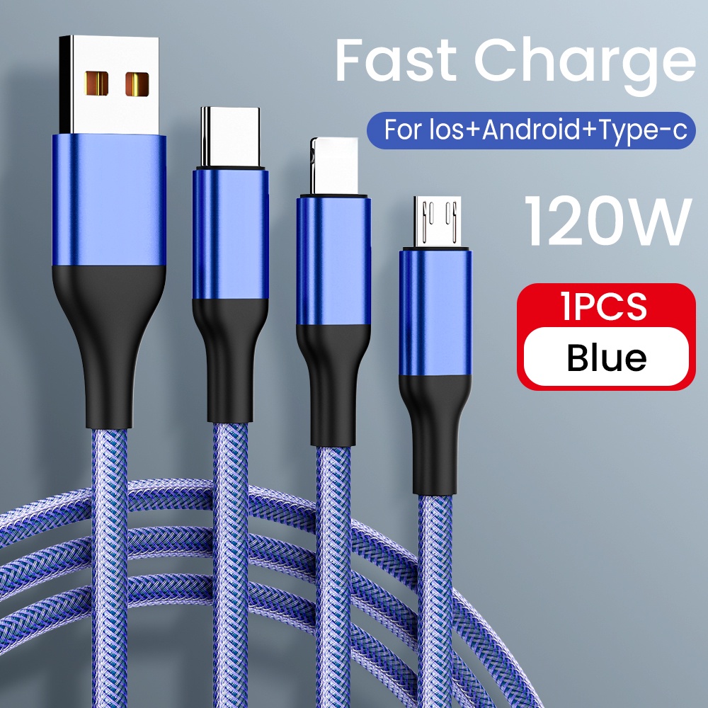 Kabel Tenun Jaring Ikan 3in1 120W Fast Charging Cable Micro Usb Type CCharger Cable 6A Kabel Data Fast Charging 1.2M/2M