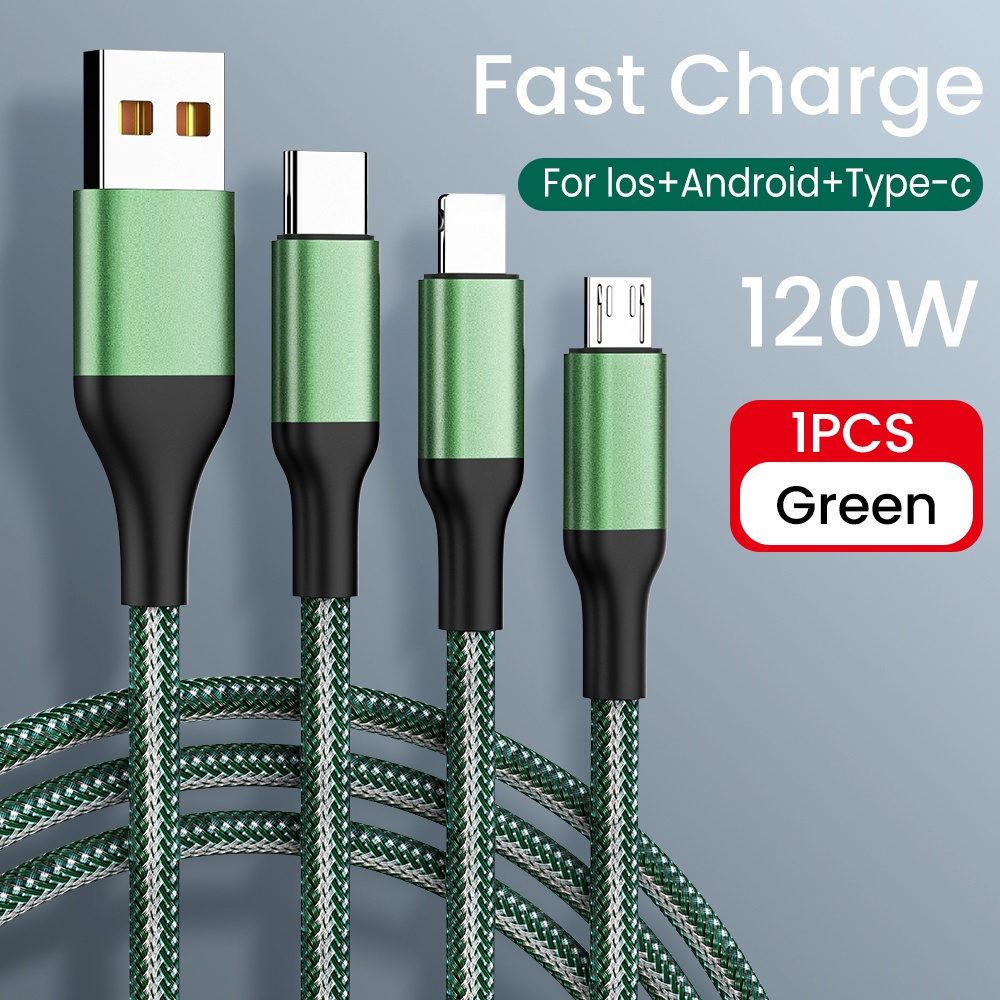 Kabel Tenun Jaring Ikan 3in1 120W Fast Charging Cable Micro Usb Type CCharger Cable 6A Kabel Data Fast Charging 1.2M/2M