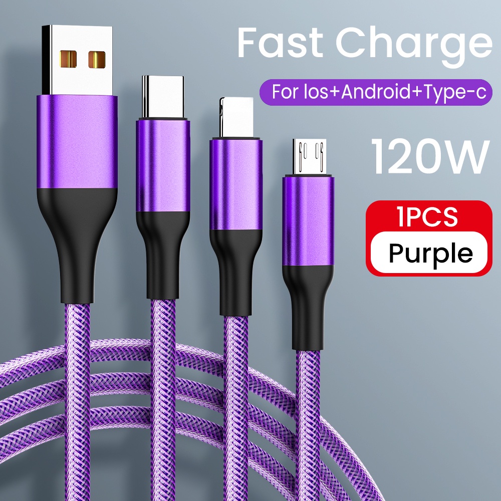 Kabel Tenun Jaring Ikan 3in1 120W Fast Charging Cable Micro Usb Type CCharger Cable 6A Kabel Data Fast Charging 1.2M/2M