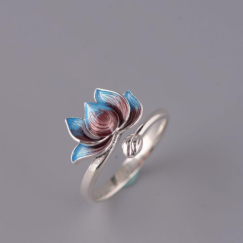 Gaya Baru Perak Retro Wanita Fashion Lotus Gosong Biru Terbuka Cincin Thai Silver Cloisonne Ring Single Ring