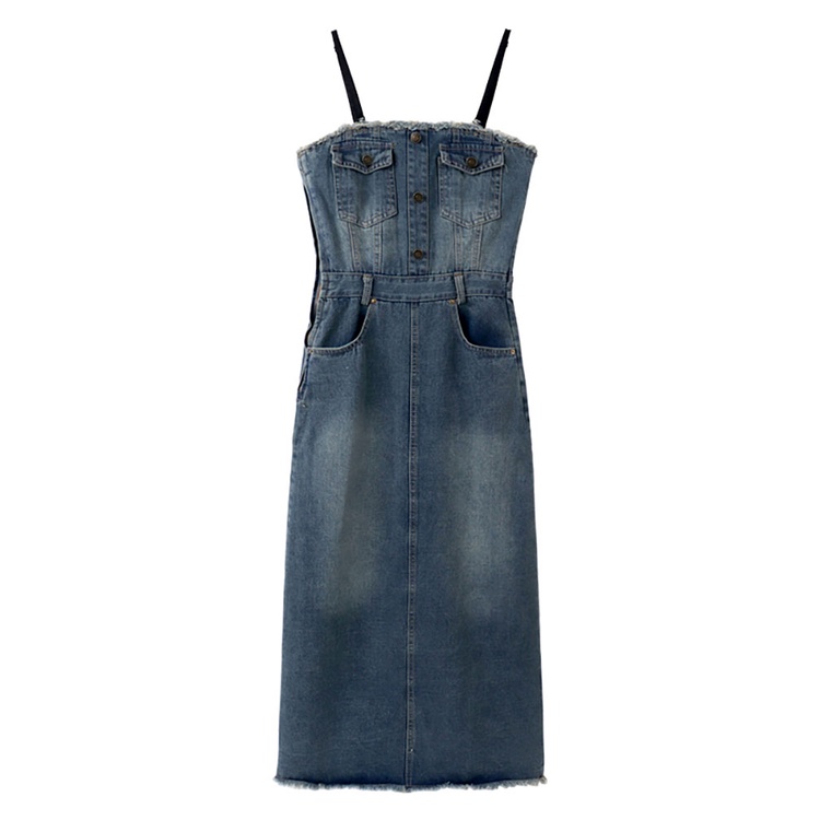 Red French tube top denim dress wanita musim panas baru high-end pinggang A-line tas rok pinggul rok panjang hot girl rok