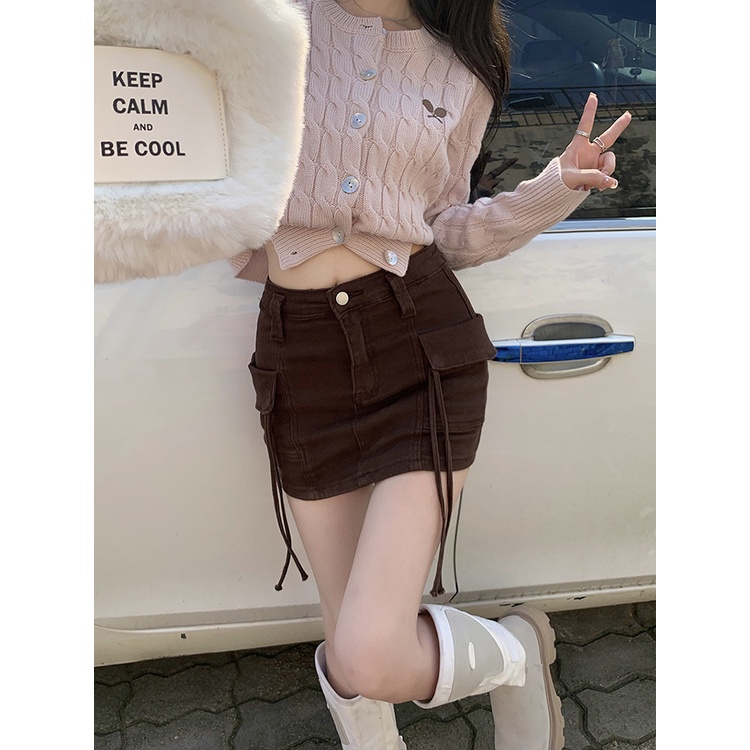 Red American retro denim tooling rok perempuan musim panas hot gadis rok mini khaki A-line rok tas pinggul rok rok