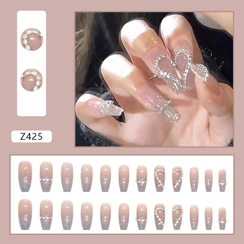 24pcs Kuku Buatan Kuku Palsu Gradien Shiny Heart Nail Stiker Tekan Pada Kuku Kuku Palsu Pendek Z425