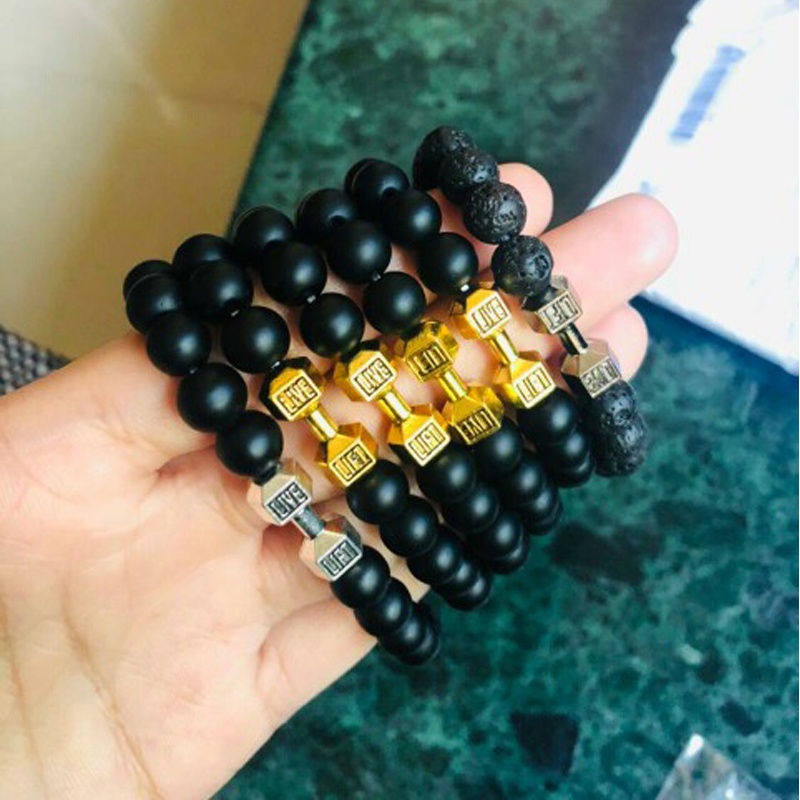 Natural black Volcanic Lava Stone Dumbbell Bracelet black Matte Beads Bracelets Untuk Wanita Pria Fitness Barbel Perhiasan