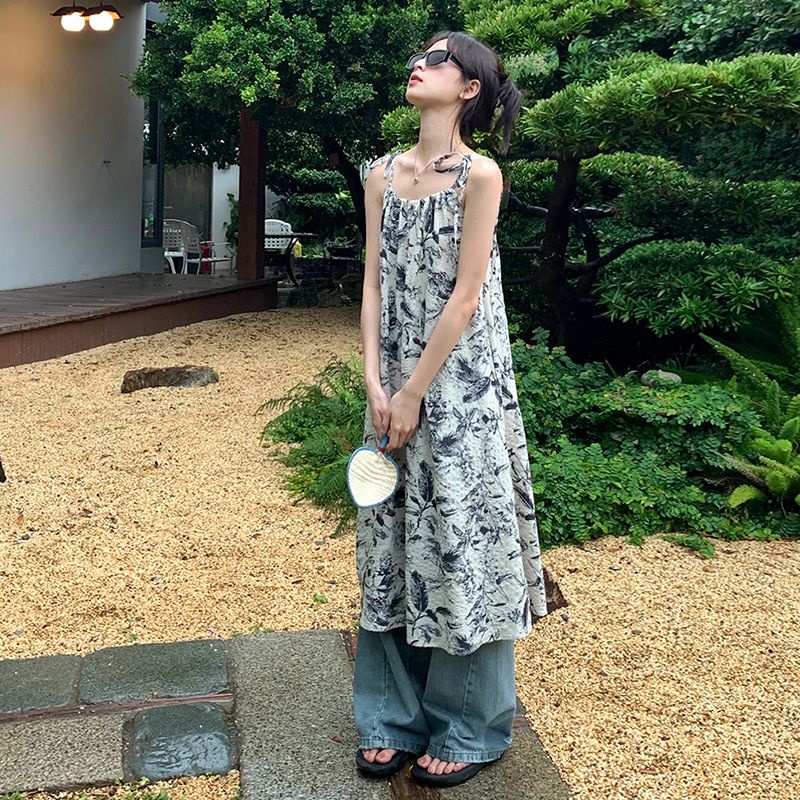 Gaya cina ceruk retro pencetakan tinta rok selempang musim panas bersalin rok mid-length gaun longgar pasang perempuan