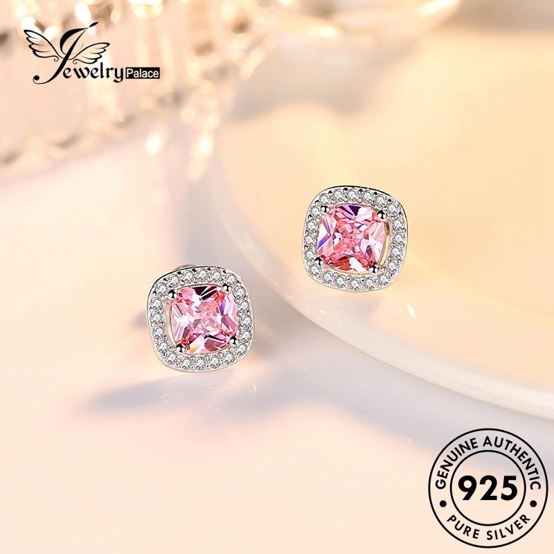 Jewelrypalace Wanita Anting Perak925 Kristal Stud Berlian Persegi Kepribadian Asli Pink E99