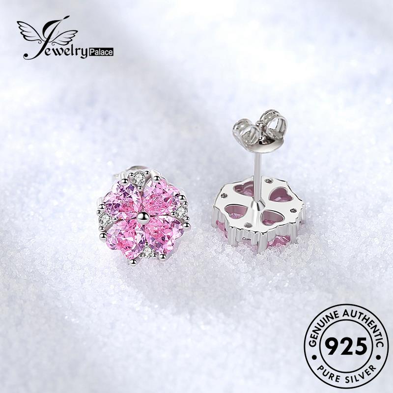 Jewelrypalace Shaped Earrings Berlian925 Wanita Bunga Pink Stud Hati Kristal Perak Asli E213