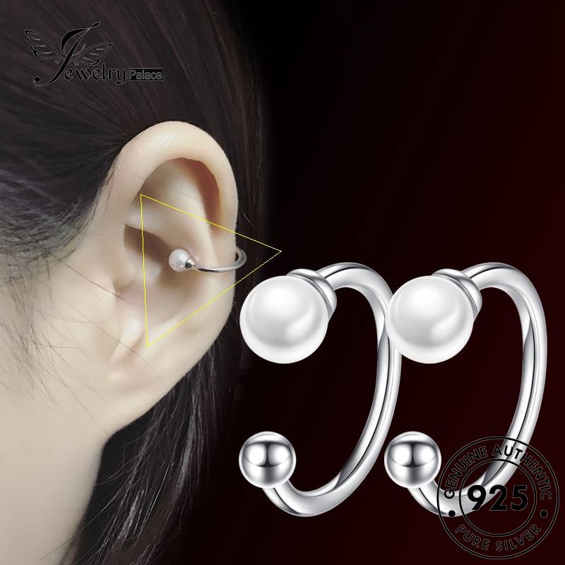 Jewelrypalace Mutiara925Bulat Simple Wanita Asli Anting Hoop Beads Perak E409