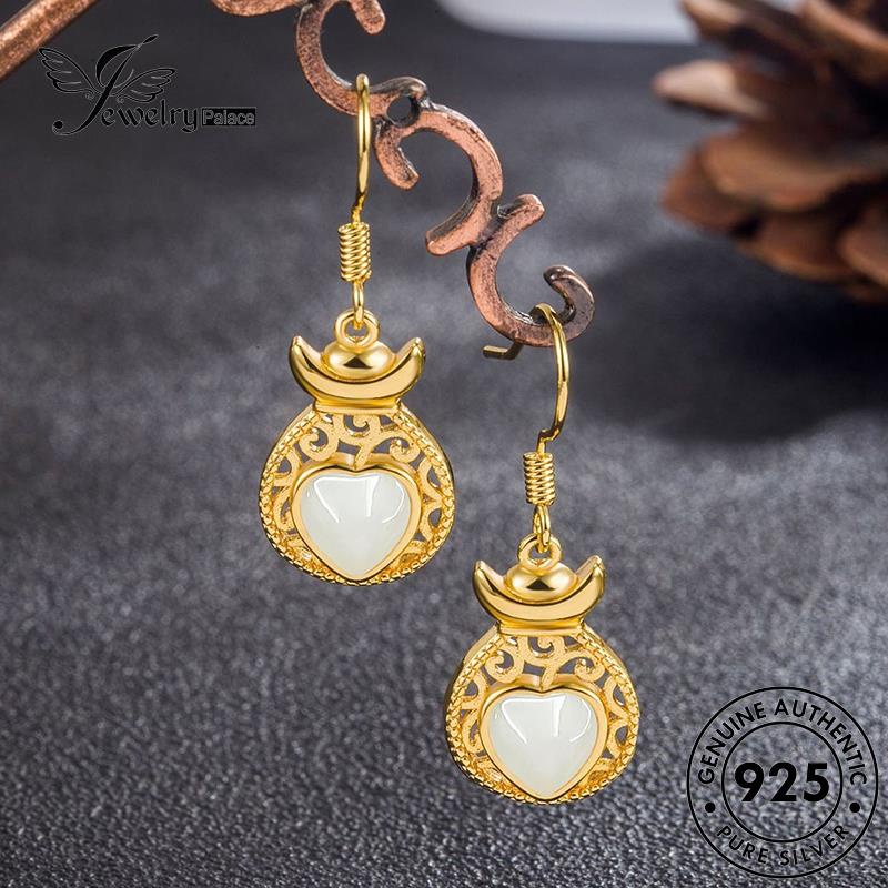 Jewelrypalace Anting Wanita Kait Giok Emas925Bentuk Asli Retro Hati Perak E724