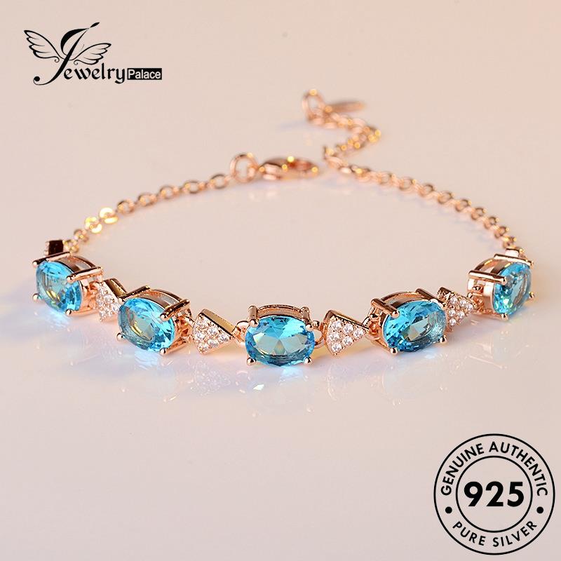 Jewelrypalace Gelang Perak Wanita Asli Lapis Emas925 Kotak Aquamarine B17