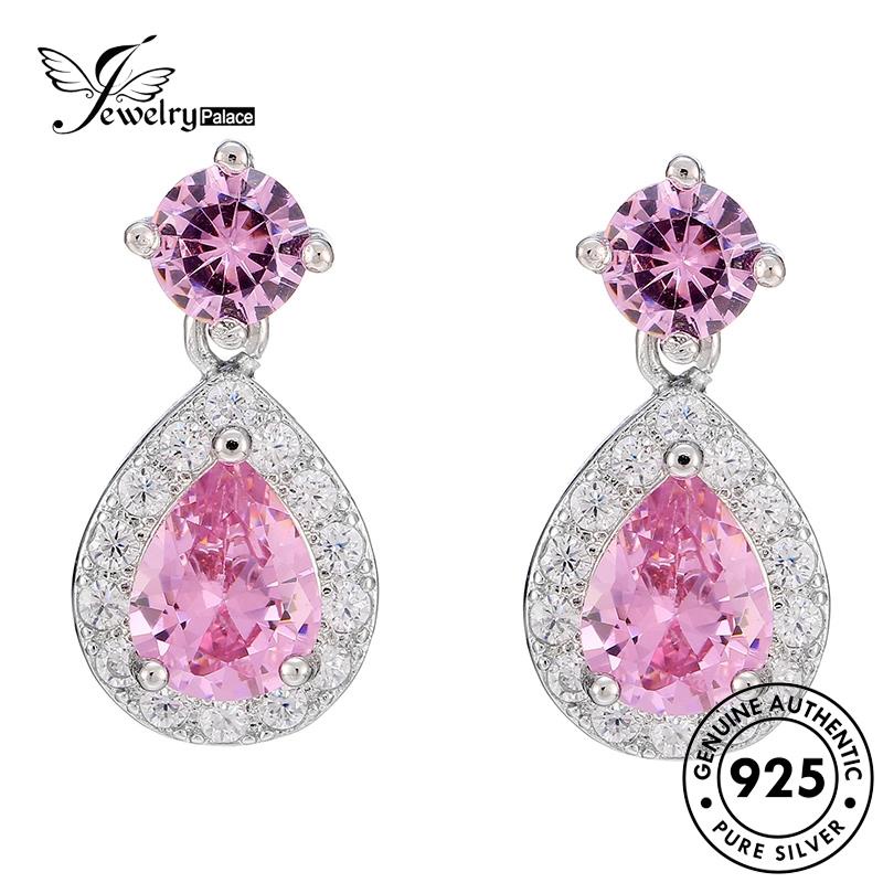 Jewelrypalace925 Pink Kristal Stud Berlian Asli Silver Drop Wanita Bentuk Anting E427