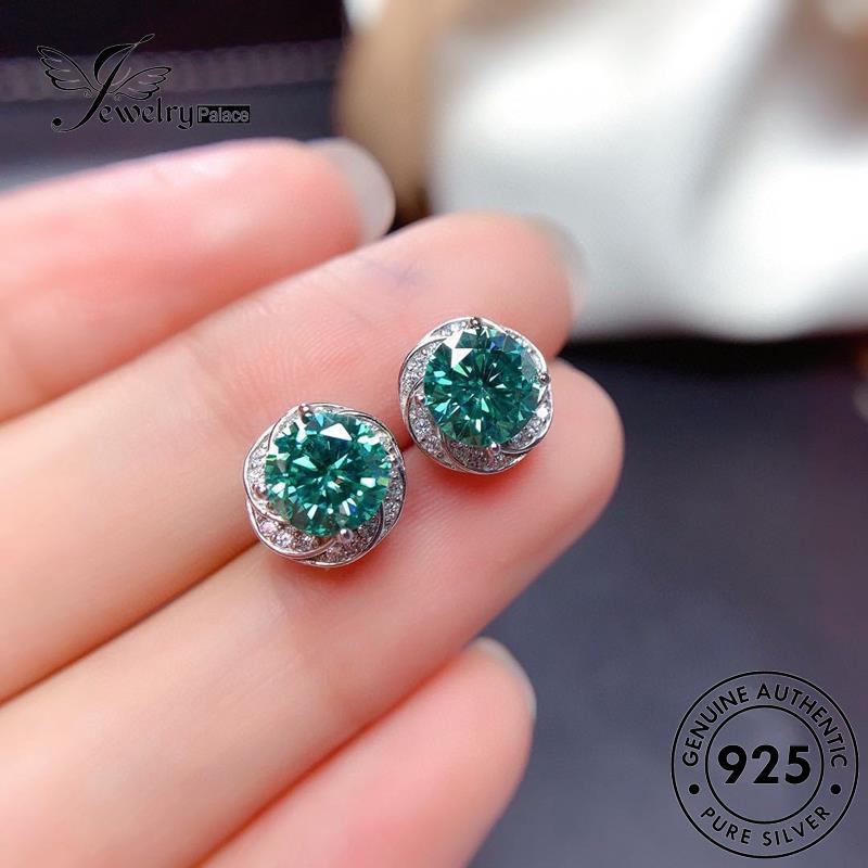 Jewelrypalace925 Anting Giwang Wanita Bulat Zamrud Stud Perak Asli E817