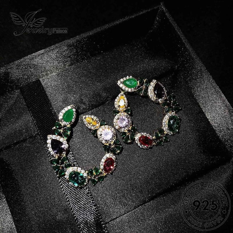 Perhiasanpalace Perak Wanita Emas925 Bulat Anting Asli Emerald Stud E822