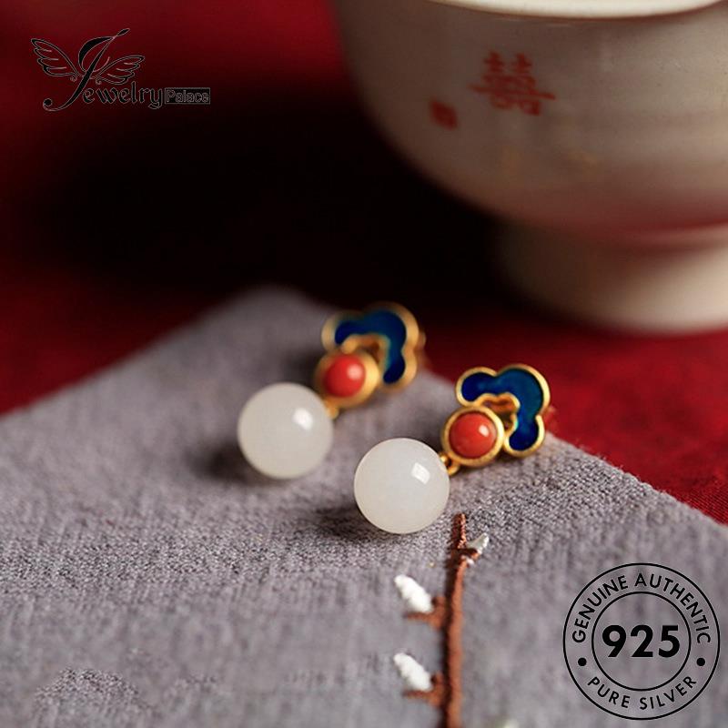 Jewelrypalace Anting Enamel Perak925 Wanita Asli Xiangyun Stud Gold Jade E823