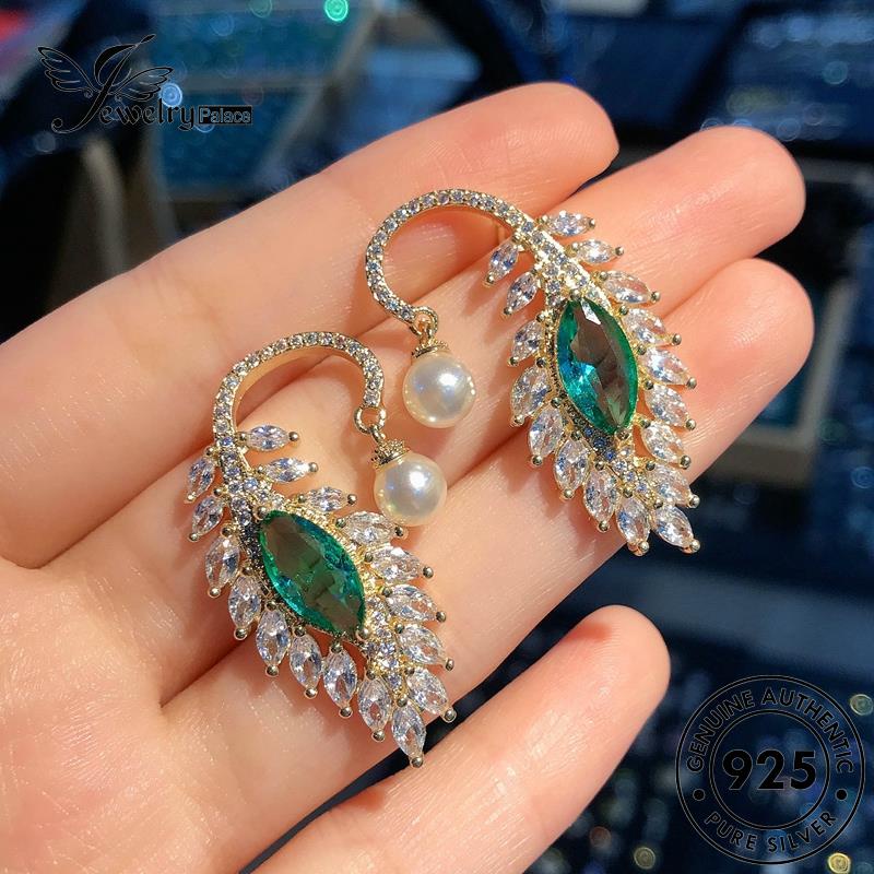 Jewelrypalace Anting Perak Merak Wanita Asli Stud Emerald Feather925 E1063