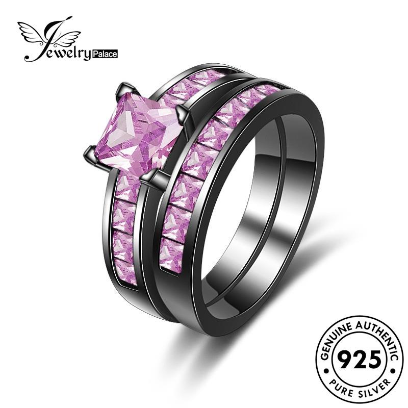 JEWELRYPALACE 925 Silver Double Pink Couple Asli Perak korea Aksesori Diamond Silver Murni Gold Sterling Crystal Pasangan Nikah Kawin Layer Perhiasan Personality Cincin Original R970