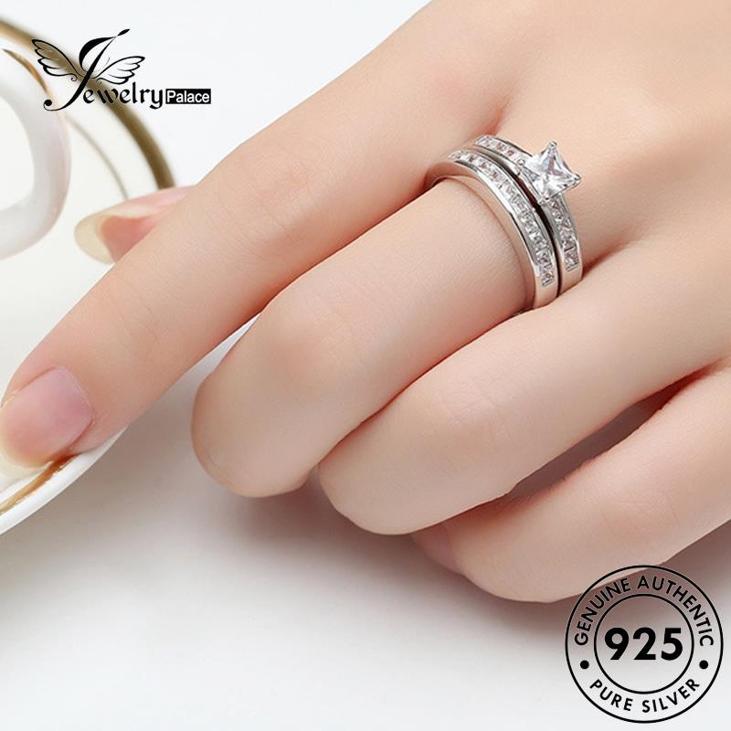 JEWELRYPALACE 925 Silver Double Pink Couple Asli Perak korea Aksesori Diamond Silver Murni Gold Sterling Crystal Pasangan Nikah Kawin Layer Perhiasan Personality Cincin Original R970