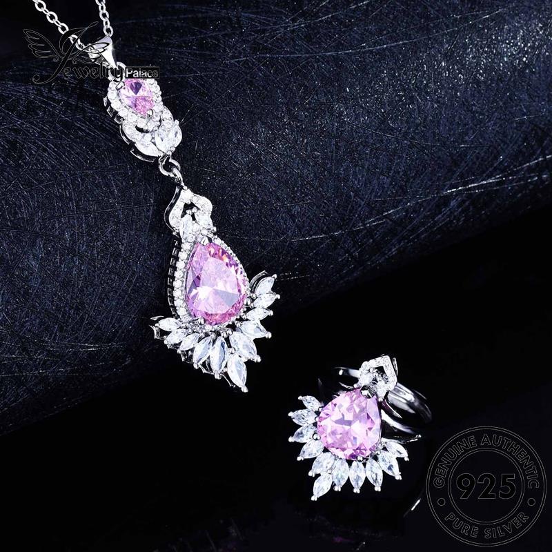 Perhiasantempat Set Wanita925Kalung Mewah Perak Berlian Asli Pink Kristal S314