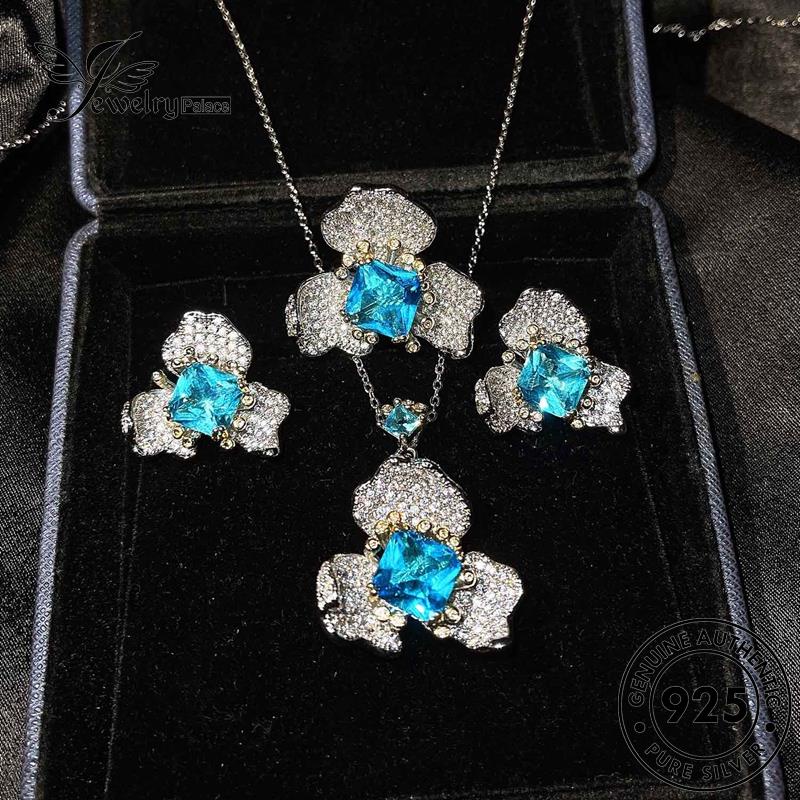 Jewelrypalace Temperamen Asli925 Wanita Perak Kalung Aquamarine Set Bunga S418