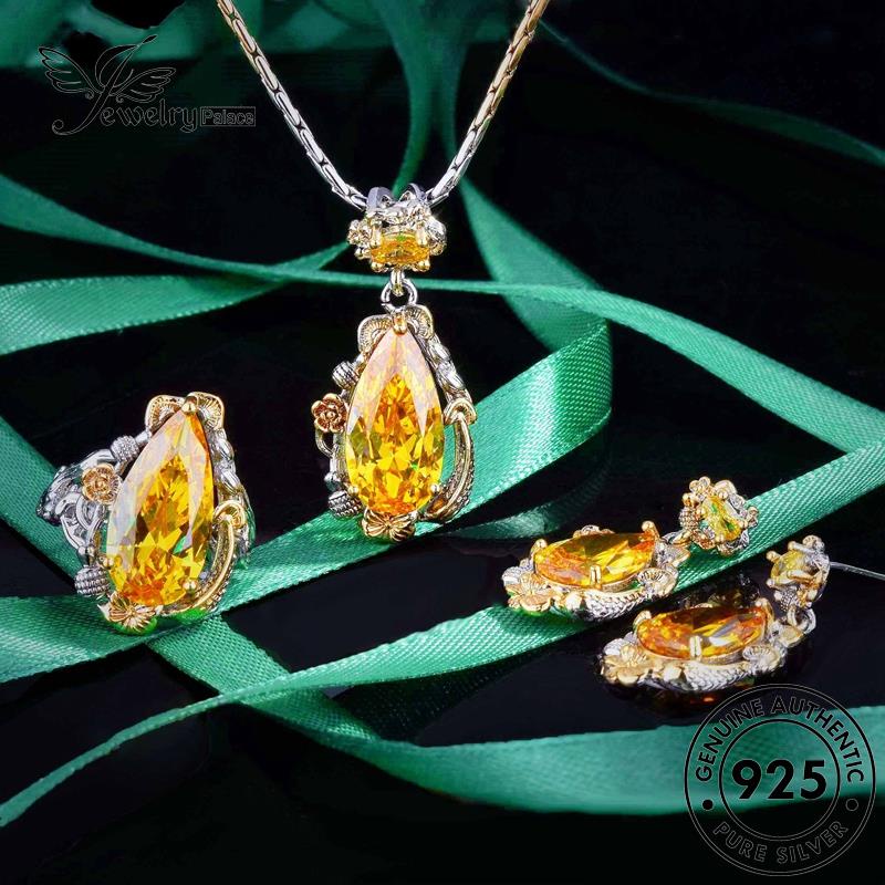 Perhiasantempat Wanita Set Kalung Asli Perak925 Citrine Gold Bertekstur S478