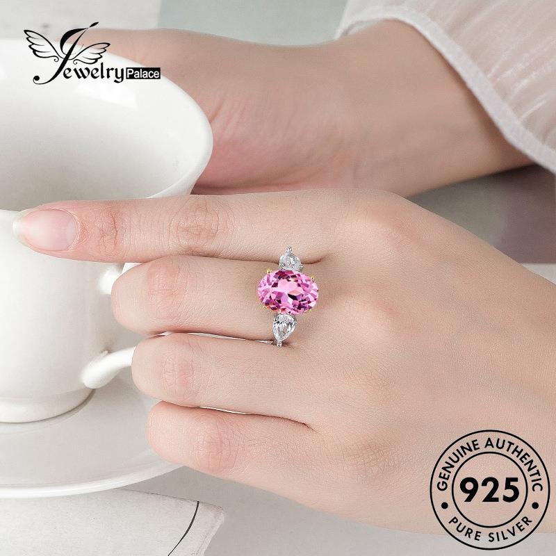 Tempat Perhiasan925 Wanita Asli Halus Cincin Kristal Berlian Pink Oval Perak R242