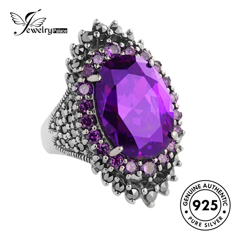 Tempat Perhiasan Wanita Vintage Perak Asli925 Cincin Amethyst R1704