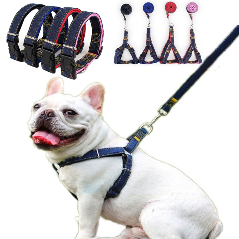 Denim Dog Harnesses Leash Nylon Collar Rope Adjustable Training Pet Lead Leashes Harness Untuk Anjing Kucing Hewan Peliharaan Set Perlengkapan