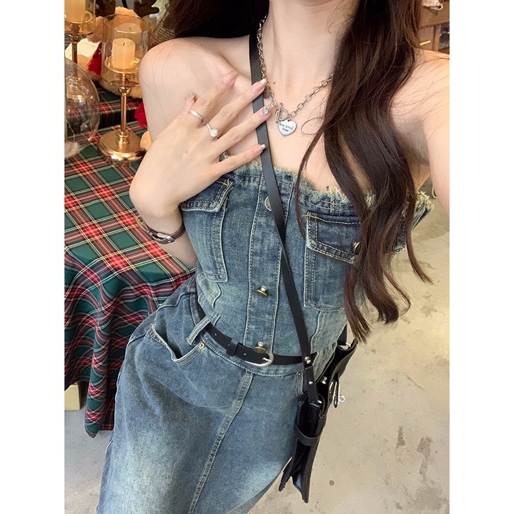 Red French tube top denim dress wanita musim panas baru high-end pinggang A-line tas rok pinggul rok panjang hot girl rok