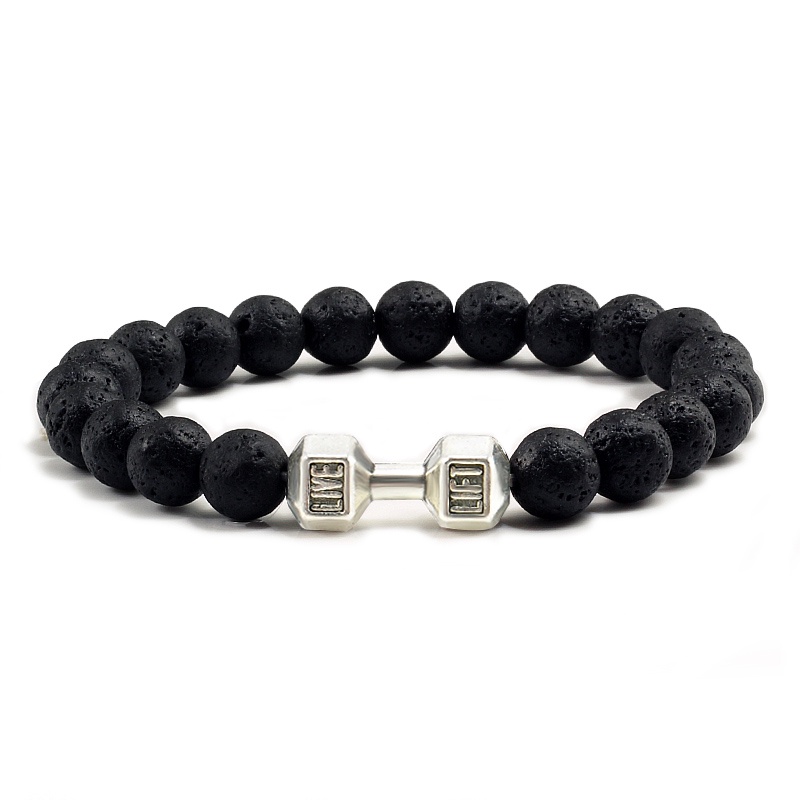 Natural black Volcanic Lava Stone Dumbbell Bracelet black Matte Beads Bracelets Untuk Wanita Pria Fitness Barbel Perhiasan