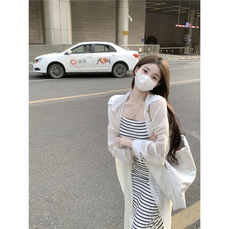 ☄#COD Suhao Keinginan Murni Angin Bergaris Suspender Gaun Wanita Musim Panas 2023 Baru Gadis Seksi Rok A-line Tas Hip Panjang rok