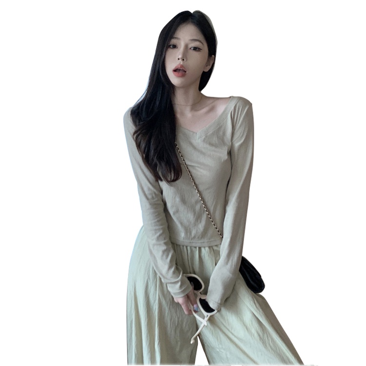 Red Korea V-Leher Bahu Depan T-shirt Wanita Musim Panas Baru Retro Dalam Membangun Slim Pendek Lengan Panjang Tipis Kemeja top