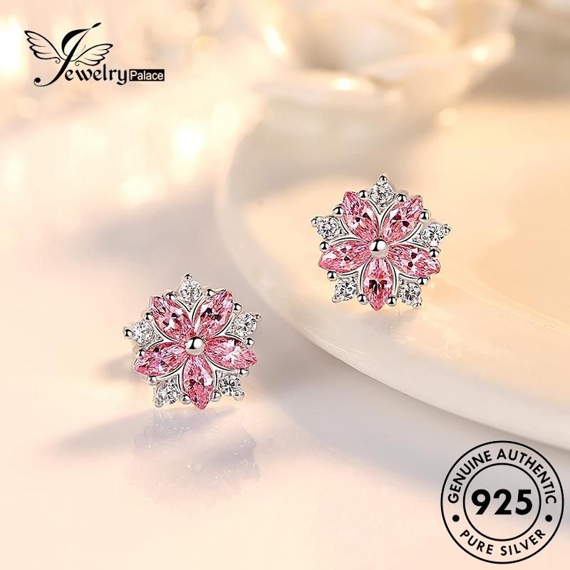 Jewelrypalace Asli Anting Bunga Wanita Fashion Berlian Pink925 Stud Kristal Perak E15