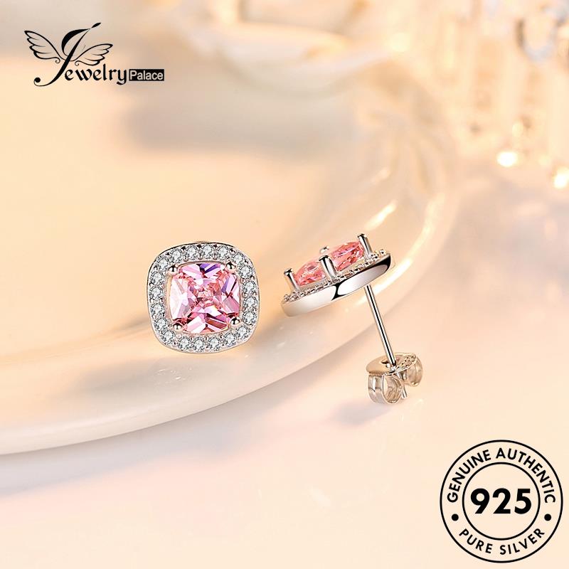 Jewelrypalace Wanita Anting Perak925 Kristal Stud Berlian Persegi Kepribadian Asli Pink E99