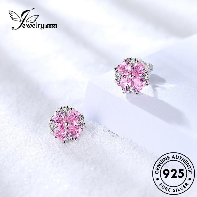 Jewelrypalace Shaped Earrings Berlian925 Wanita Bunga Pink Stud Hati Kristal Perak Asli E213