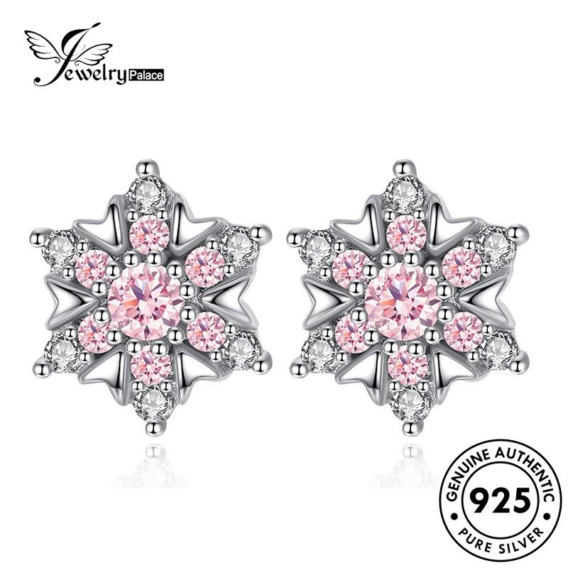 Jewelrypalace Temperamen Stud925Original Snowflake Earrings Perak Berlian Pink Kristal Wanita E228