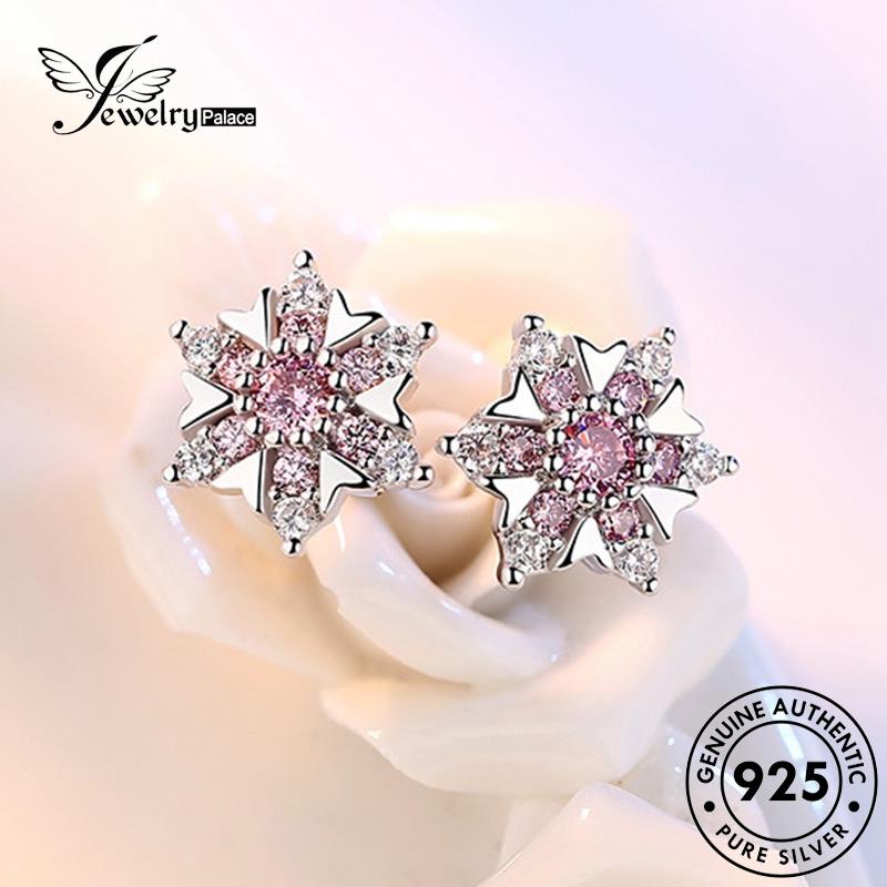 Jewelrypalace Temperamen Stud925Original Snowflake Earrings Perak Berlian Pink Kristal Wanita E228