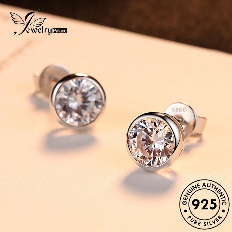 Jewelrypalace Silver Stud Berlian Asli Moissanite Solitaire Wanita925 Setting Anting Bezel E149